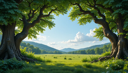 Naklejka premium Majestic Ancient Trees Framing Serene Valley Landscape