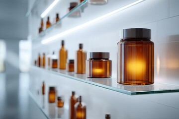 Elegant Display of Amber Glass Jars in Modern Retail Environment
