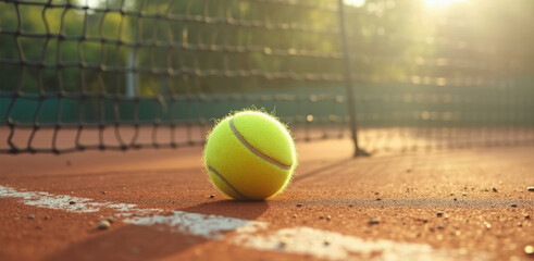 bright yellow tennis ball rests on a reddish-brown outdoor court.