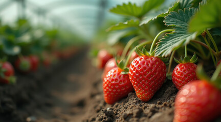 Fresh strawberries grow amongst green leaves on fertile soil.