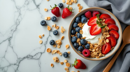 ceramic bowl overflows with fresh berries yogurt and granola on a marble surface.