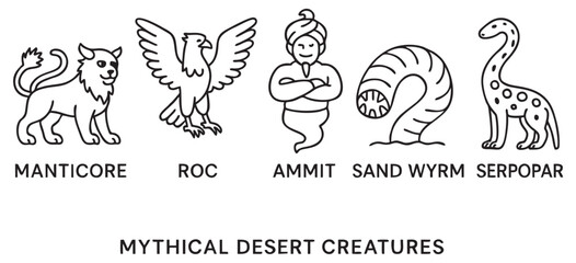 Desert Mythical Creatures Icons – Black and White Sand Beast Vector Set