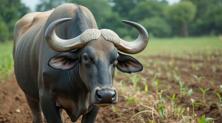 large dark-colored bull stands alert in a grassy field.