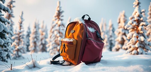 Tiny backpack, snow-dusted pines, winter wonderland, tiny, conifer