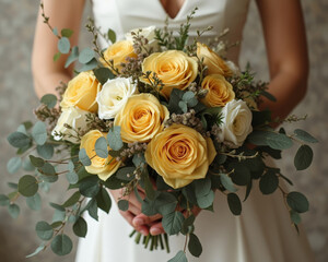 woman holds a vibrant bouquet of yellow and white roses.
