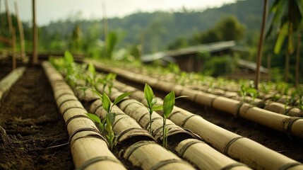 Close up of sustainable bamboo farming practices using non-toxic growth methods, soil regeneration, and responsible harvesting to create eco-friendly materials for various industries