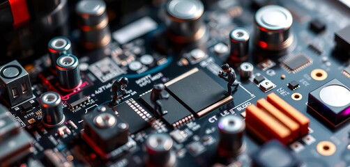 Tiny figurines meticulously working on a computer motherboard, close-up,  production,  hardware