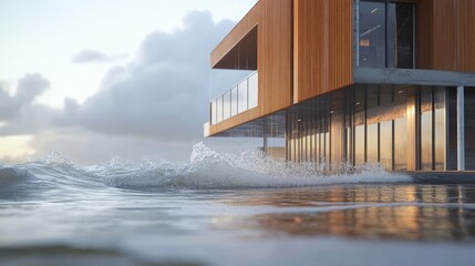 Close up of sustainable construction practices for coastal areas using resilient materials, flood-resistant designs, and eco-friendly building methods to protect infrastructure from rising sea levels