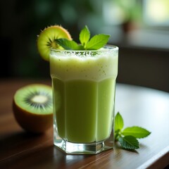 Kiwi Smoothie in Glass with Mint and Sliced Fruit Garnishing