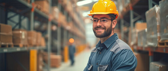 smiling warehouse worker wears a yellow helmet and glasses.