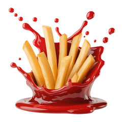 French fries with ketchup splash isolated on transparent white background 