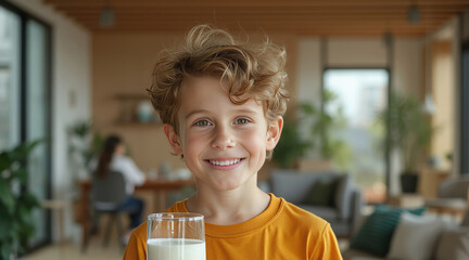 young boy smiles while holding a glass of milk.