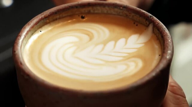 Beautiful Latte Art Coffee Swirl Milk Foam in Rustic Ceramic Cup Close-Up Barista Skill
