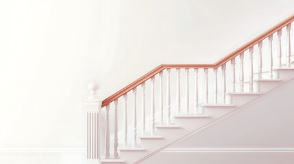 Fototapeta premium White staircase with wooden handrail against a pale wall.