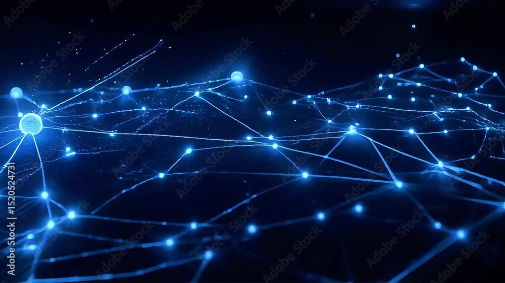 Poster dynamic blue network: glowing nodes and shifting connections