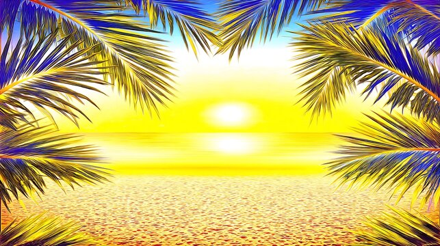 Tropical sunset framed by palm leaves