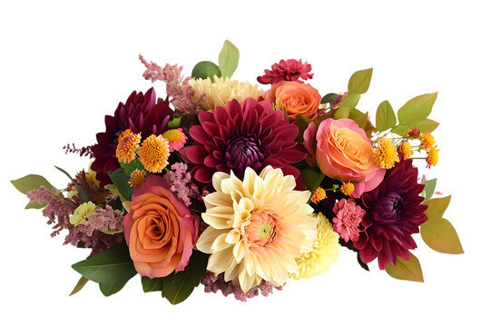 A colorful floral arrangement with dahlias and roses bloom on transparent background - Powered by Adobe