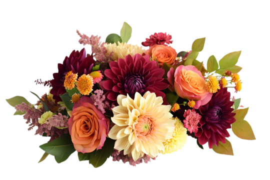 A colorful floral arrangement with dahlias and roses bloom on transparent background