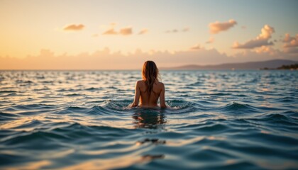 Fototapeta premium Serene woman with sky enjoys tranquil moment in tropical sea