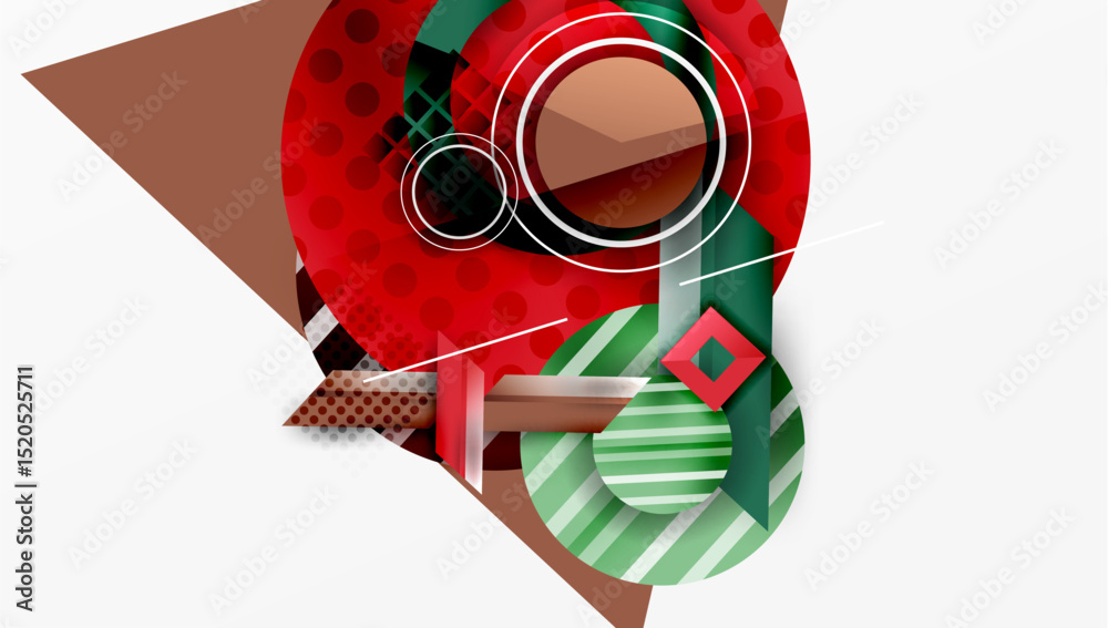 Poster Abstract geometric composition. Red, green, brown shapes overlap. Lines create dynamic visual interest. Modern design elements present.
