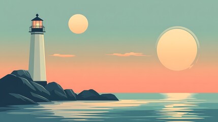 Lighthouse at sunset with double celestial bodies.