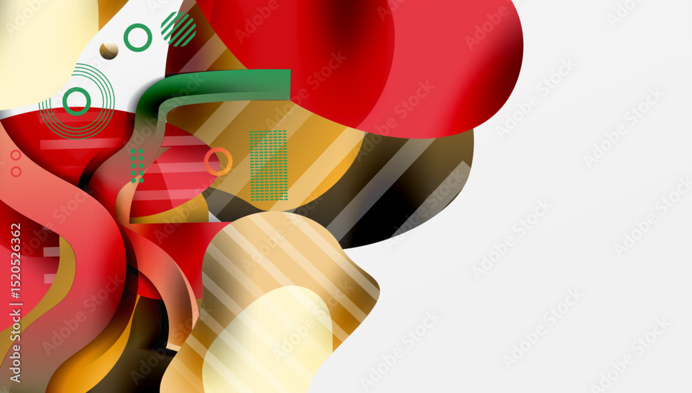 Poster abstract design features flowing shapes, vibrant colors. red, green, yellow elements create dynamic 