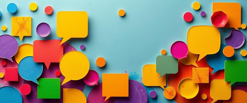 Vibrant abstract shapes & speech bubbles, colorful background, vibrant, multicolored