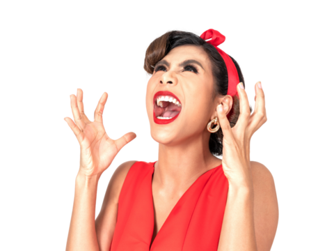 Angry and frustrated Asian woman in red dress screaming and clenching hands in rage, emotional expression of stress, madness, or mental breakdown isolated on transparent background