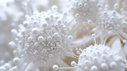3d render, abstract background of chaotic white balls. Close-up of microscopic spherical particles, atomic structure. Visual metaphor of irregularity and adaptability -