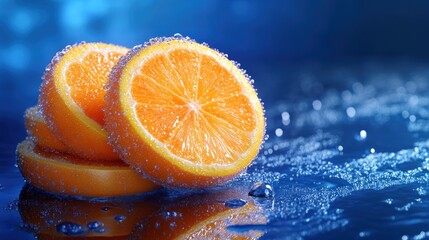 Sliced oranges with water droplets