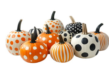 Arrangement of painted pumpkins with polka dots and stripes on transparent background.