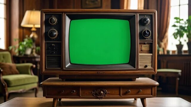 Vintage television set with green screen display, wooden cabinet, and retro design in a room with wood panelling.