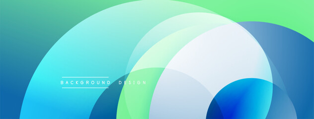 Abstract background features overlapping circles. Colors include blue, green, white gradients. Modern design element for digital projects.