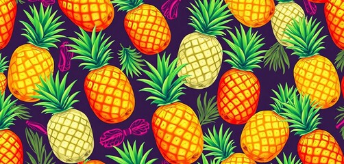 Vibrant, tropical pineapple pattern; seamless vector design ideal for apparel,  exotic,  print
