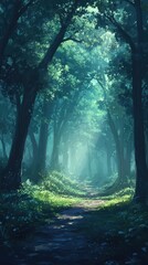 Enchanted path: A mystical forest landscape shrouded in ethereal light and mystery
