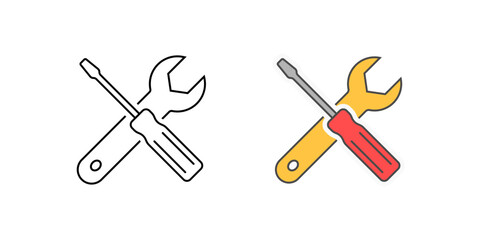 Wrench and screwdriver crossed icon in outline and color styles, vector symbol representing general tools, repair services, maintenance support, or settings configuration.