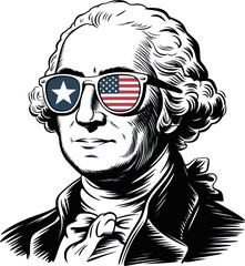 Funny George Washington with American Flag Sunglasses – Hand-Drawn Black and White Patriotic Portrait Vector, First President USA Cartoon Illustration,  Independence Theme