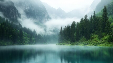 Misty Mountain Lake with Lush Green Forest