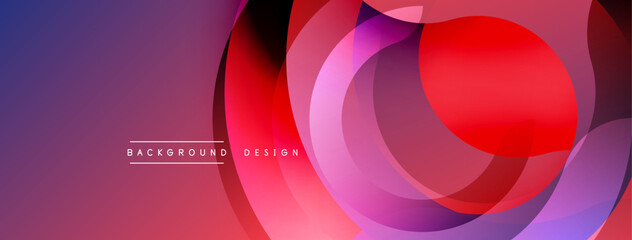 Abstract design features overlapping circles, vibrant gradients. Purple, red, blue hues create dynamic visual effect. Modern background element.