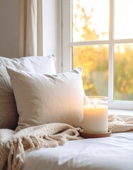 Cozy home decor candle by window with pillows and soft blanket relax