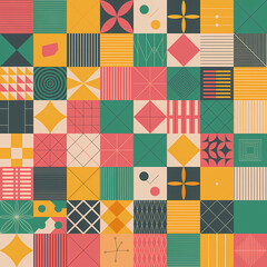 Seamless Flat Design Grid of Diverse Geometric Patterns in Pastel Colors on a Clean White Background