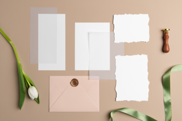 Wedding card mockup png, transparent paper, aesthetic flat lay stationery set