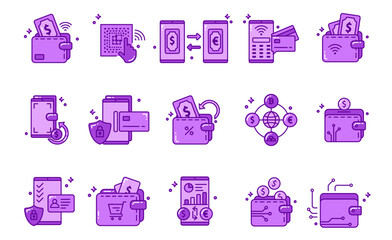 digital wallet icon packs in flat line style, featuring electronic payment methods, mobile wallets, contactless transactions, QR code scanning, money transfer, cryptocurrency integration, data protect