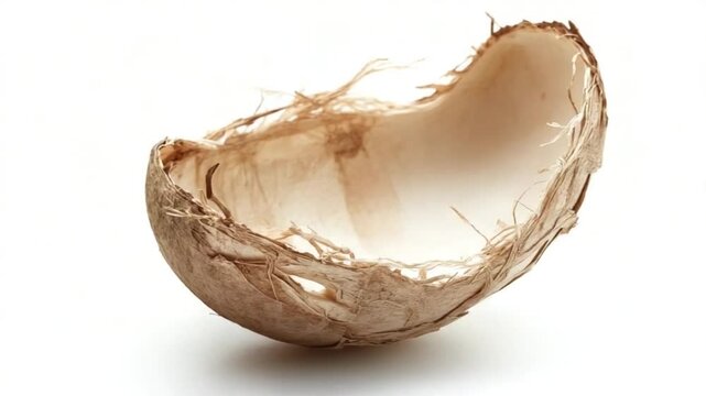 A delicate, empty shell made of natural fibers, showcasing intricate textures and organic shapes