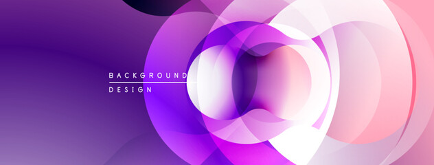 Abstract circles overlap, creating vibrant purple, pink gradients. Modern design, smooth transitions, dynamic composition.