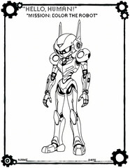 Printable coloring page featuring a detailed robot character in a bold outline style. Fun STEM-themed activity for kids and classrooms.