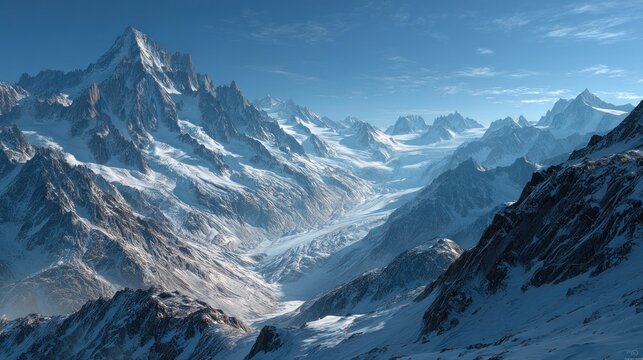 Magnificent snowy mountain range landscape under a serene blue sky