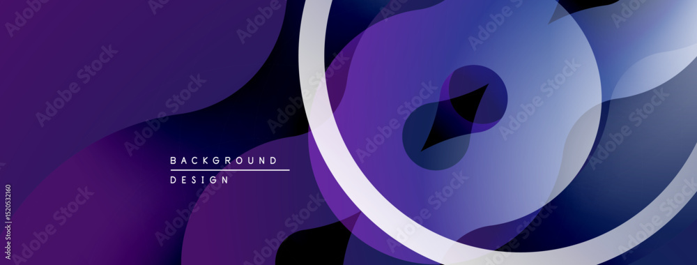 Poster Abstract purple design features overlapping shapes, gradients, white circle. Modern, dynamic composition suitable for backgrounds.