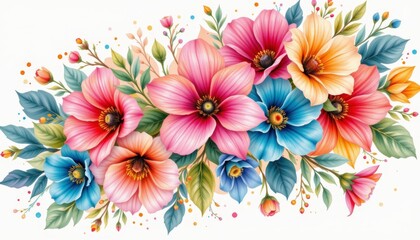 Obraz premium a bouquet of vibrant flowers with leaves, showcasing an array of pink, blue, and orange hues in a detailed illustration style.