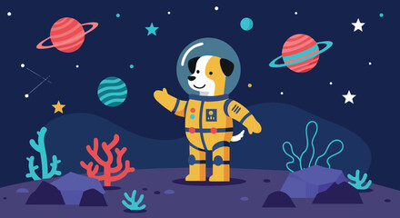 Dog in astronaut suit exploring alien planet with colorful planets and stars vector illustration 